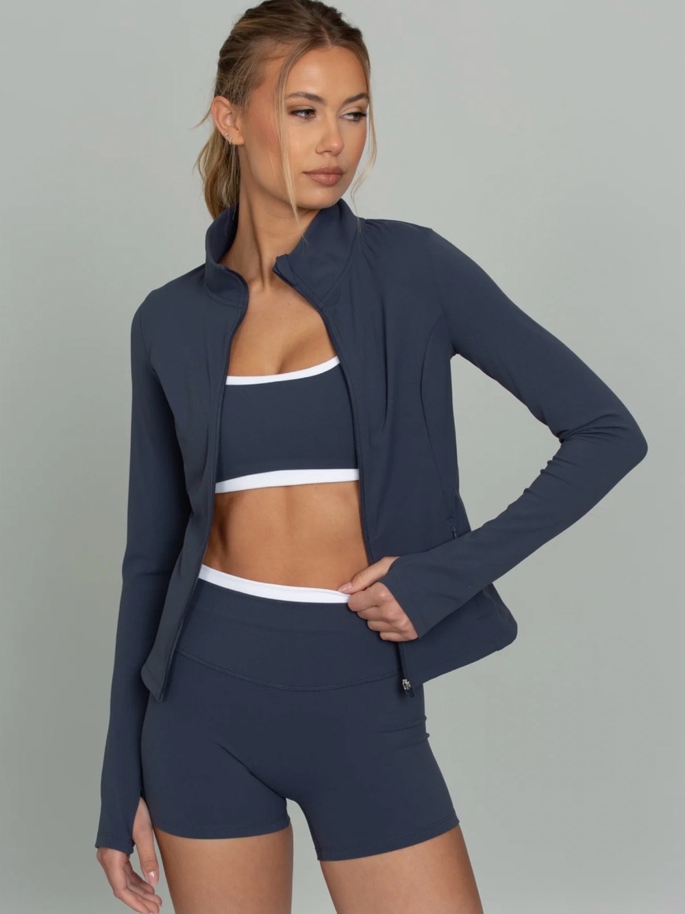 Gold Hinge Strydeform Jacket, Bra, Shorts in Bluewash